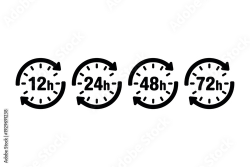 Time Cycle Icons with 12h, 24h, 48h, 72h Clock Symbols in Black and White