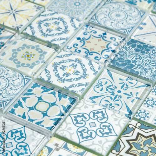 Diagonal Decorative Glass Mosaic Tile with Blue and White Patterns