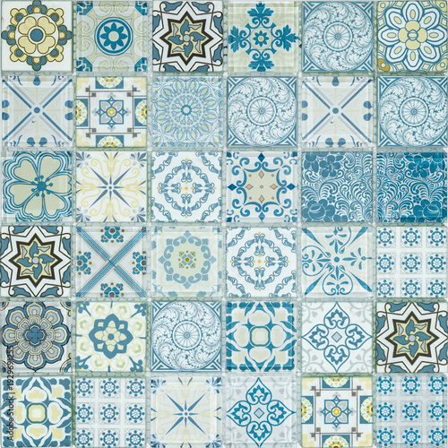 Blue and White Decorative Ceramic Tile Patchwork Background