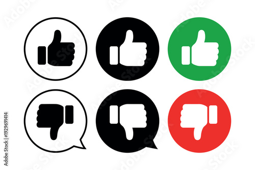 Thumbs up and down icons set in various colors and speech bubbles design