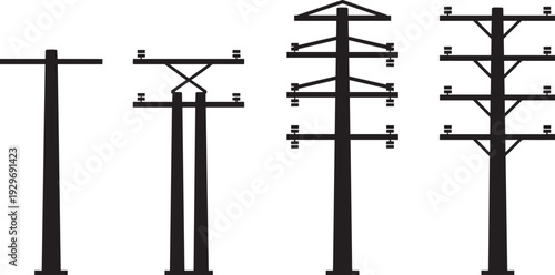 Renewable energy silhouette set with wind turbines, solar panels, high voltage transmission towers, and electrical utility poles for sustainable power grid infrastructure development,