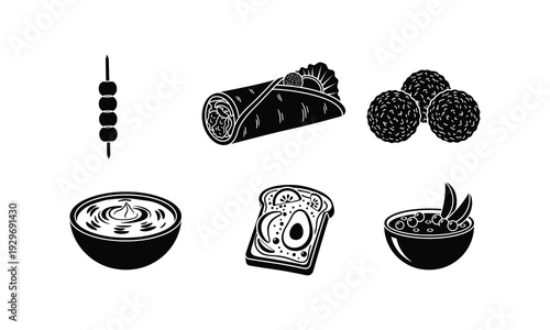 Black and white illustrations of various food items including kebabs and sweets