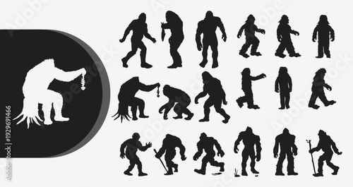 Bigfoot silhouettes in various poses and actions