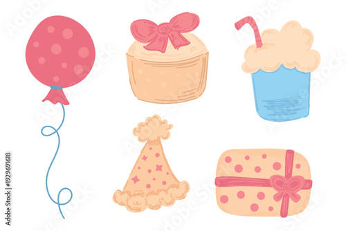 Cute hand-drawn birthday party icon set with balloon, cupcake, gift box, party hat, and drink.