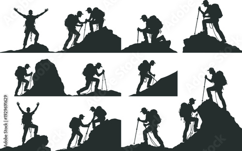Black silhouette icon set featuring hikers with backpacks and trekking poles in various poses, symbolizing adventure, teamwork, climbing, and mountaineering for creative design projects.