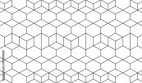 Seamless hexagonal geometric pattern with isometric cube elements, a minimalist black and white design for technology or science themes.