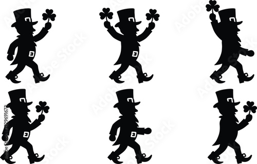 Saint Patrick’s Day leprechaun silhouettes with shamrocks, walking Irish character set, festive holiday vector icons for decoration, celebration and themed design