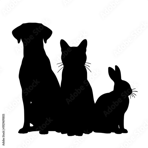A silhouette of a dog, cat, and rabbit sitting together on transparent background