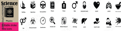 Black And White Science And Health Icon Set Featuring Physics Biology Chemistry And Medical Research