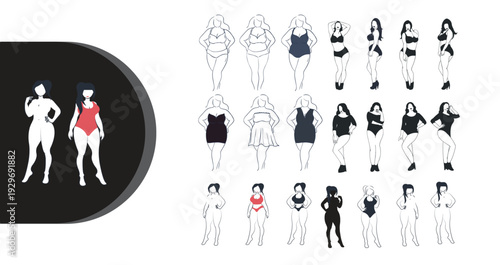 Diverse female figures in various poses and outfits illustration set
