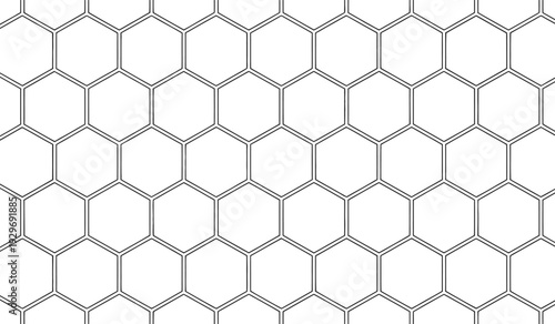 Clean, minimalist hexagonal grid pattern in thin black lines on a white background, perfect for modern, scientific, or tech-themed designs.
