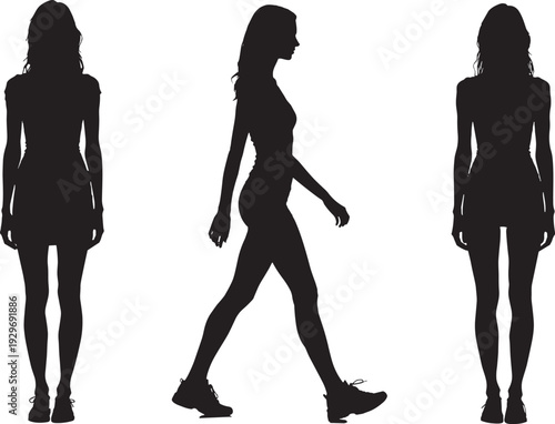 Black silhouette illustration of human figure in standing and walking poses, showcasing static and dynamic postures for motion studies, animation, design, and educational purposes.