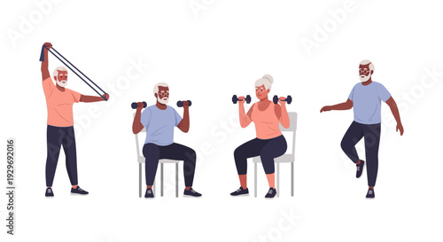 Active Senior Adults Exercising with Resistance Bands and Dumbbells | Elderly Fitness & Healthy Lifestyle Illustration