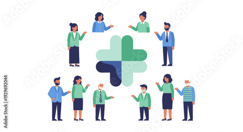 Diverse Community and Business Team Collaboration Around a Central Plus Symbol for Support and Growth