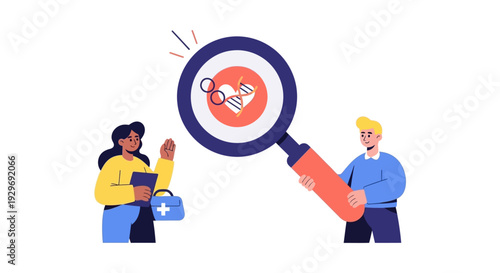 Healthcare Professionals Analyzing Genetic Data and Heart Health through Magnifying Glass Illustration