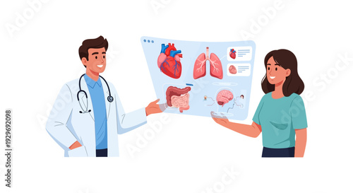 Doctor Explaining Human Anatomy & Organs to Patient with Futuristic Holographic Display