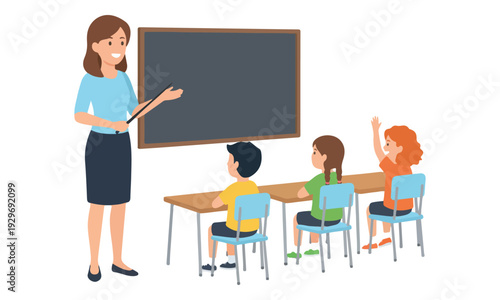 Teacher and Students in Classroom Lesson with Blackboard