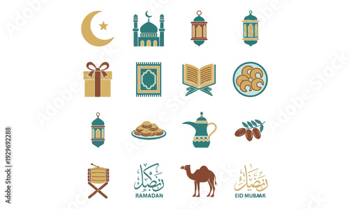 Islamic and Ramadan Icons Set with Mosque, Lanterns, Quran, Dates