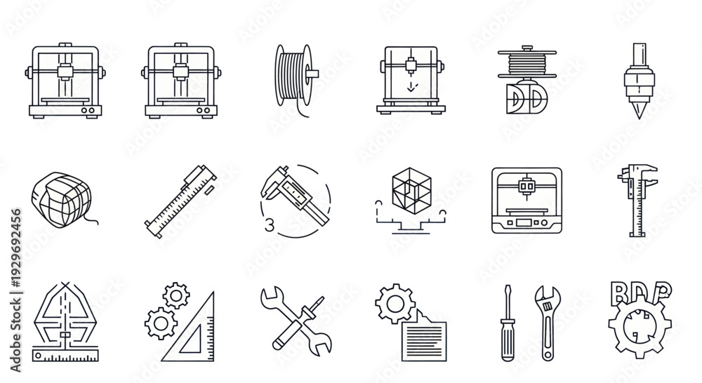 Fototapeta premium 3D Printing Icons Set: Technology, Innovation, Manufacturing, Design, Engineering