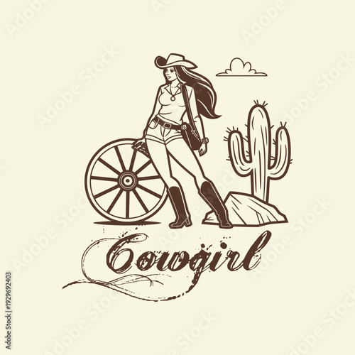 Stunning cowgirl standing confidently with wagon wheel in desert landscape