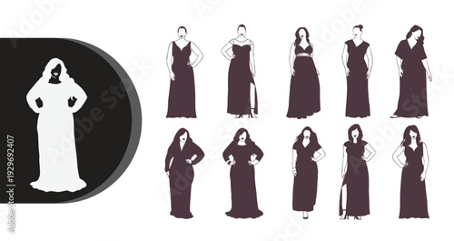 Elegant women in various formal dresses illustration set