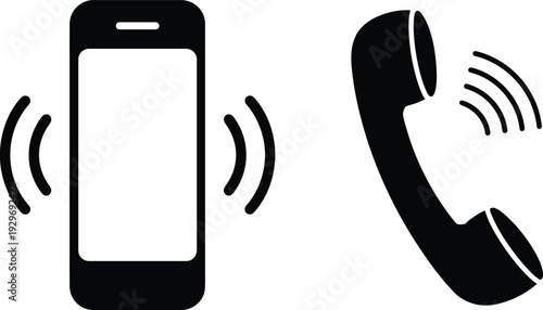 Smartphone and telephone receiver icons with sound waves symbolizing incoming call, communication technology and mobile connectivity isolated on white background