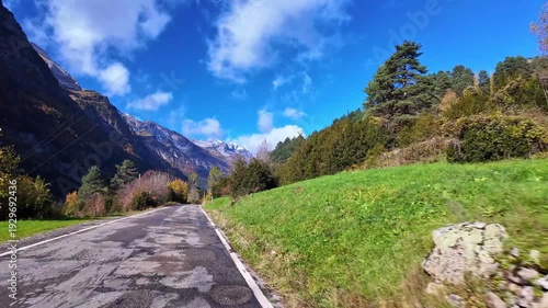 Driving through the beautiful Pineta Valley in the Ordesa and Monte Perdido National Park in Huesca, Spain, Europe