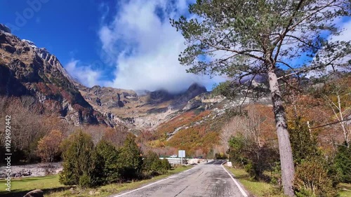 Driving through the beautiful Pineta Valley in the Ordesa and Monte Perdido National Park in Huesca, Spain, Europe
