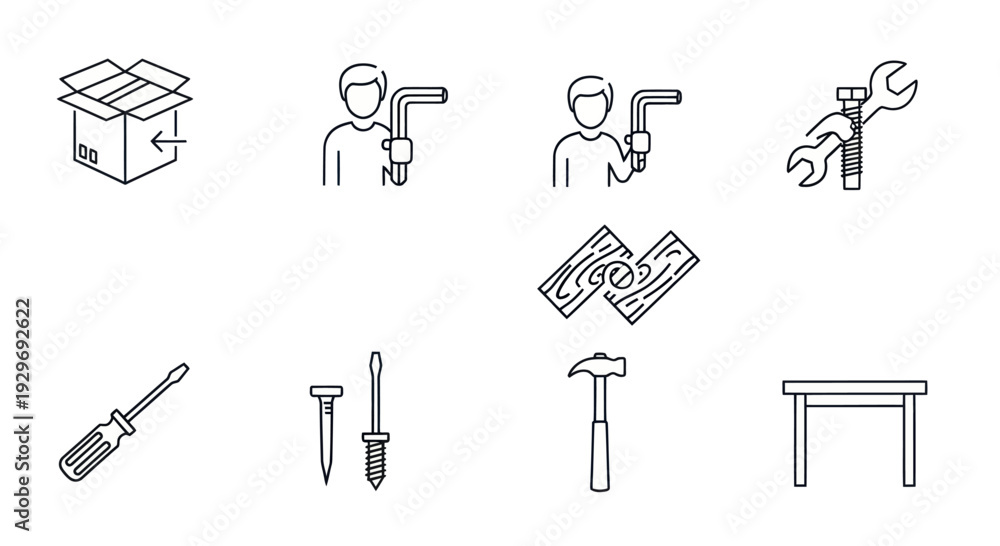 Fototapeta premium Assembly Icons Set: Furniture, Tools, DIY, Instructions