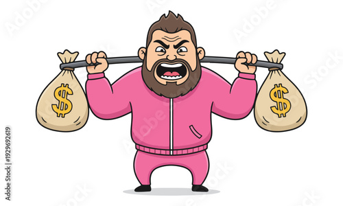 Bearded Man Straining to Lift Heavy Money Bags Barbell