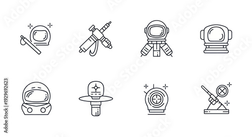 Astronaut Helmet and Space Equipment Icons Set