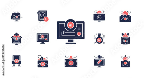 Artificial Intelligence Icons Set: AI Technology, Machine Learning, Bots, Data Analysis