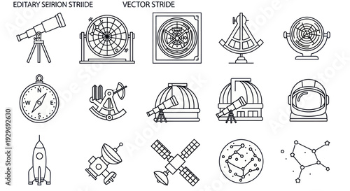 Astronomy and Space Exploration Icons: Telescope, Rocket, Satellite, Astronaut