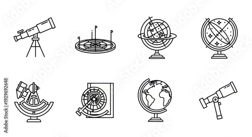 Slika na platnu Astronomy and Navigation Icons: Telescope, Globe, Astrolabe, Sextant