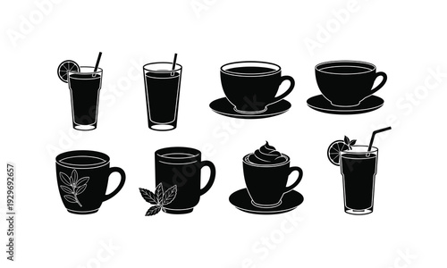 Black and white illustration of various beverages in glassware and cups