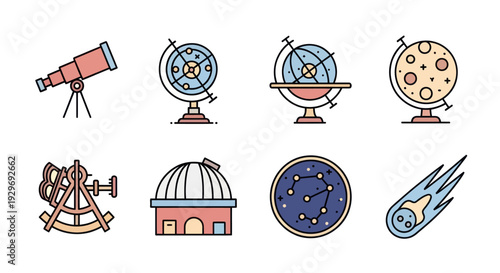 Astronomy Icons: Telescope, Globes, Observatory, Constellation, Comet