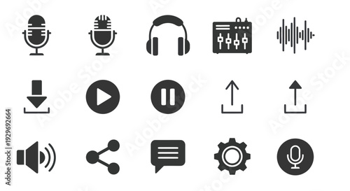 Audio and Music Icons Set: Microphone, Headphones, Mixer, Sound Wave, Play, Pause