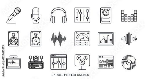 Audio Equipment Icons: Microphone, Headphones, Speakers, Mixer, Equalizer, DAW