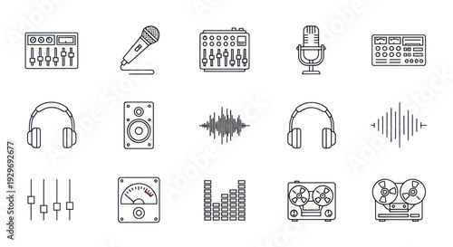 Audio Equipment Icons Set: Microphone, Mixer, Headphones, Speaker, VU Meter
