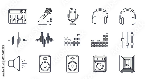 Audio Equipment Icons: Sound Mixer, Microphones, Headphones, Speakers, Equalizer