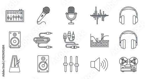 Audio Equipment Icons: Music, Sound Recording, DJ, Studio Gear, Vector Set