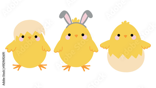 Cute cartoon Easter chicks with eggshell and bunny ears illustration set.
