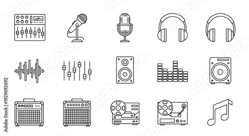 Audio Equipment Icons: Sound Mixer, Microphones, Headphones, Speakers, Equalizer