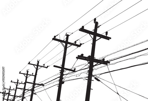 Renewable energy silhouette set with wind turbines, solar panels, high voltage transmission towers, street lamps, and electrical utility poles for sustainable power grid infrastructure,