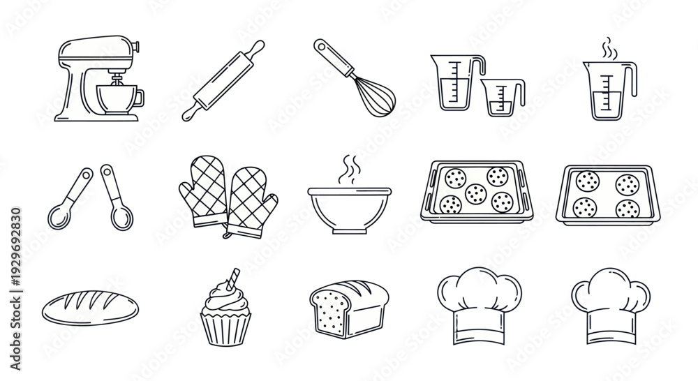 Fototapeta premium Baking Icons and Symbols: Kitchen Utensils, Food, and Chef Hats - Line Art