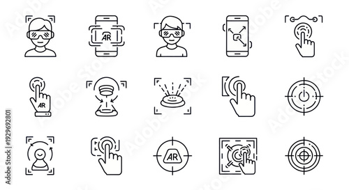 Augmented Reality Icons: VR headset, face scan, smartphone, touch interaction, target