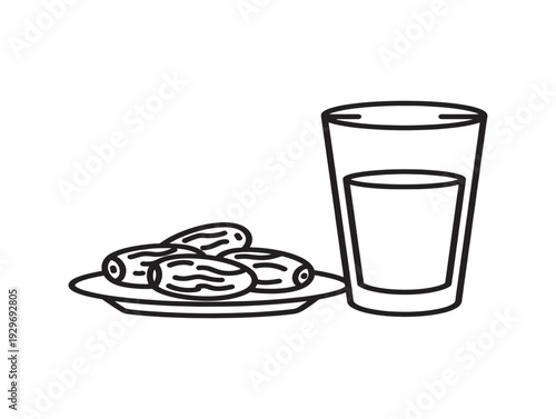 Vector illustration of donuts on a plate and a glass of water isolated on White Background