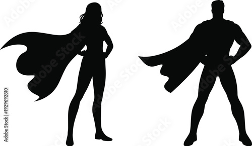 Superhero silhouettes of powerful man and woman with flowing capes standing confidently isolated on white background