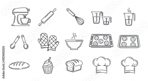 Baking Icons and Symbols: Kitchen Utensils, Food, and Chef Hats - Line Art