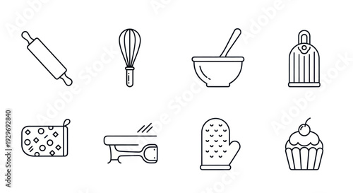 Baking Icons Set: Rolling Pin, Whisk, Bowl, Cupcake, Oven Mitt, Potholder